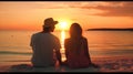 Back view of a happy couple enjoy luxury sunset on the beach. Generative AI Royalty Free Stock Photo