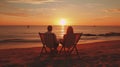 Back view of a happy couple enjoy luxury sunset on the beach. Generative AI Royalty Free Stock Photo