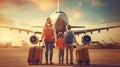 Back view of happy family standing near a large plane Royalty Free Stock Photo