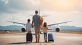 Back view of happy family standing near a large plane with two suitcases outdoor. Trip concept Royalty Free Stock Photo