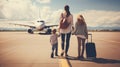 Back view of happy family standing near a large plane with two suitcases outdoor. Trip concept