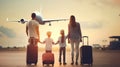 Back view of happy family standing near a large plane with two suitcases outdoor. Trip concept Royalty Free Stock Photo