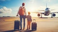 Back view of happy family standing near a large plane with two suitcases outdoor. Trip concept