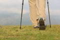 Back view of hiker legs with poles walking on the mountain Royalty Free Stock Photo