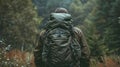 Back view of hirer with backpack in the forest Royalty Free Stock Photo