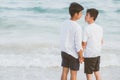 Back view homosexual young asian couple standing together on beach in summer, asia gay holding hands going sea Royalty Free Stock Photo