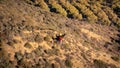 Back view of human flying with zipline over greenery mountains