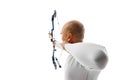 Back view image of man, archery at hele aiming with archery bow on target isolated over white studio background. Archery Royalty Free Stock Photo