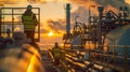 Industrial workers during sunset at an oil and gas refinery Royalty Free Stock Photo