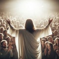 back view of jesus christ in white clothes and loving peaceful face teaching crowd. ai generative