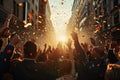 Back view large group of business people celebrating in the street in sunset light. Concept of victory, successful business and Royalty Free Stock Photo