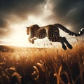 Back view of leopard jumping leaping in grassland with dark cloudy sky