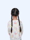 Back view little asian child girl with pigtail hair isolated over white background