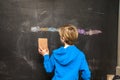 Back view of a little boy cleaning chalkboard