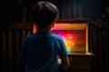 Back View Of A Little Boy Fascinated By Magical Rays Of Light And Magic In A Box Amidst Sorcery - Generative AI