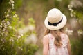 Back view on a little girl with long hair in a straw hat. Child walking in cherry blossom garden. Royalty Free Stock Photo