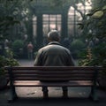 Back view of lonely man siiting on wooden bench in the public park Royalty Free Stock Photo