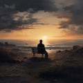 back view of a lonely man sitting on bench with dark clouds Royalty Free Stock Photo