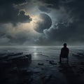 back view of a lonely man sitting on bench at dark night Royalty Free Stock Photo