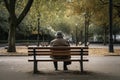 Back view of lonely mature man sitting on bench in park. Generative AI Royalty Free Stock Photo