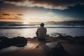 Back view of lonely pensive man sitting on shore and looking at sea. Generative AI Royalty Free Stock Photo