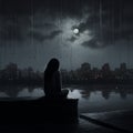 back view of a lonely woman sitting on seaside in dark nights Royalty Free Stock Photo