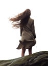 back view of a long brown haired woman on a cliff edge overlooking into the horizon.