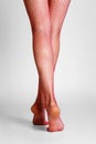 Long muscular female legs in sexy pink fishnet tights. Back view Royalty Free Stock Photo