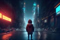 Back view of lost child was standing in the middle of a street with hoodie costume in the cyberpunk dark city background. People Royalty Free Stock Photo