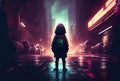 Back view of lost child was standing in the middle of a street with hoodie costume in the cyberpunk dark city background. People Royalty Free Stock Photo