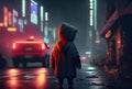 Back view of lost child was standing in the middle of a street with hoodie costume in the cyberpunk dark city background. People Royalty Free Stock Photo
