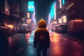Back view of lost child was standing in the middle of a street with hoodie costume in the cyberpunk dark city background. People