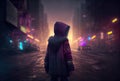 Back view of lost child was standing in the middle of a street with hoodie costume in the cyberpunk dark city background. People