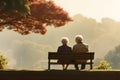 Back view of senior couple sitting on bench in the park Royalty Free Stock Photo