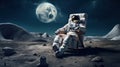 Back view of lunar astronaut having a beer while resting in beach chair on Moon surface, saluting to Earth Royalty Free Stock Photo