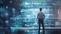 Back View of Male Engineer, Head of Technology, standing in a large data center. High-speed data transfer, AI-generated