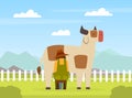 Back view of male farmer milking cow on farm cartoon vector Royalty Free Stock Photo