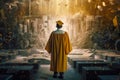 Back view of a male graduate in a yellow cloak and cap standing in front of a wall full of falling books. Royalty Free Stock Photo