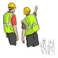 back view of male industrial engineers pointing vector illustration sketch doodle hand drawn with black lines isolated on white b