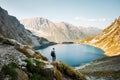 Back view of male tourist hiking in Tatra mountains