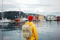 Hipster traveler walking by scandinavian city Royalty Free Stock Photo