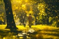 Back view of a man with a dog walking in a summer park Royalty Free Stock Photo
