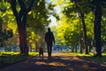 Back view of a man with a dog walking in a summer park Royalty Free Stock Photo