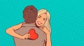 Back View Of Man Embracing Woman Hold Heart Shaped Greeting Card Valentine Day Poster Retro Pop Art Style Background Royalty Free Stock Photo