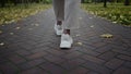 Back view of man feet walking along autumn park in daytime Royalty Free Stock Photo