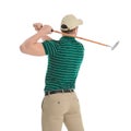 Back view of man with golf club on white Royalty Free Stock Photo