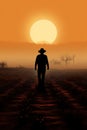 back view of man in hat walking by agricultural field, farmer walk by farm with fresh plants, person inspecting farming