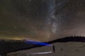 Back view of man with head flashlight standing on snowy valley under beautiful dark blue winter starry sky, bright blue beam on Royalty Free Stock Photo