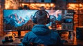 Back view of man in headphones sitting at table, working on computer. Monitors displaying video editing interface Royalty Free Stock Photo