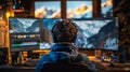 Back view of man in headphones sitting at table, working on computer. Monitors displaying video editing interface Royalty Free Stock Photo